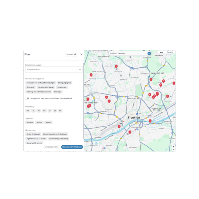 Screenshot aus der Rehasportsuche mit Infos zu Kursen