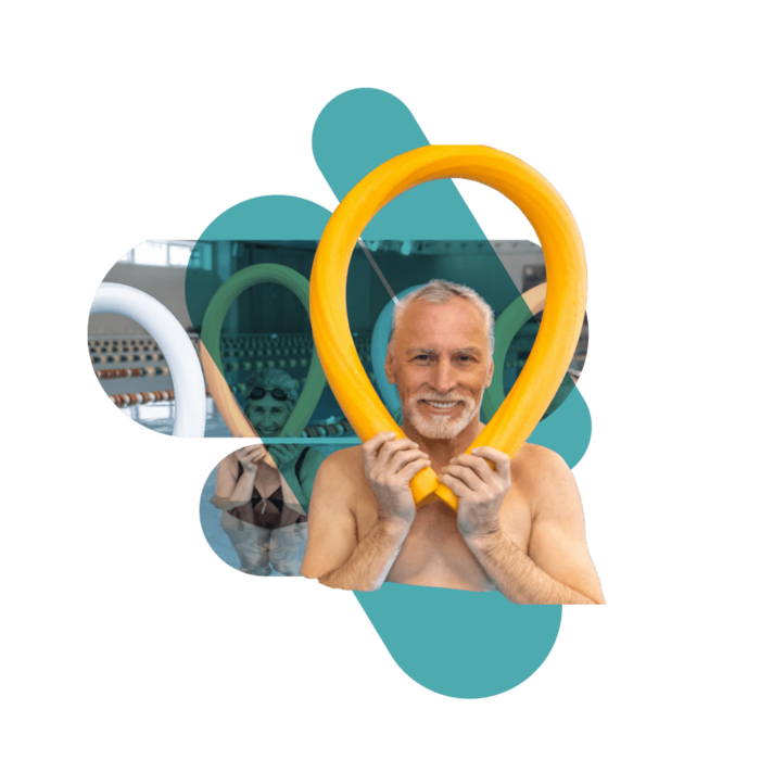 Eine Gruppe von älteren Personen macht Gymnastikübungen im Wasser mit einer Schwimmnudel.